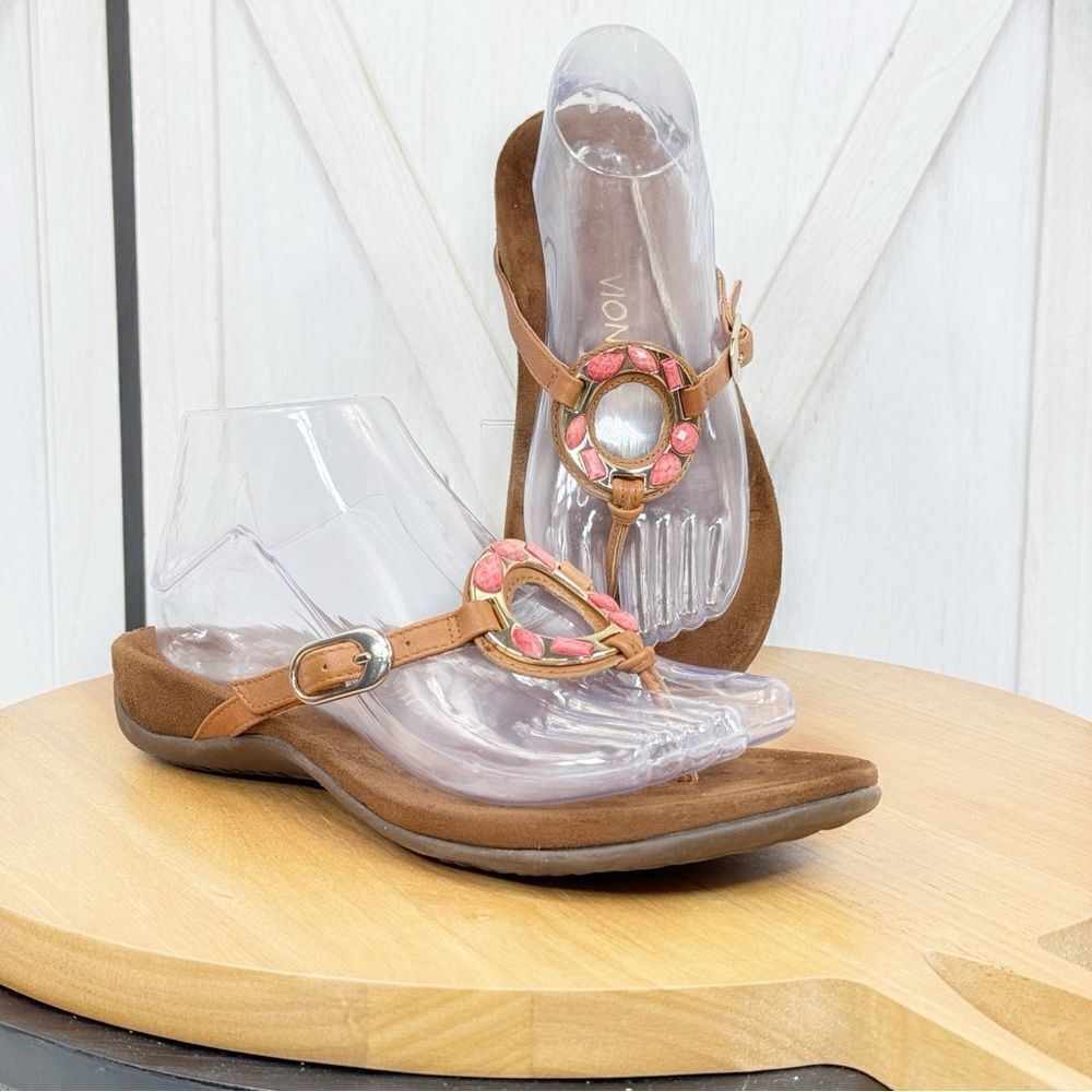 Vionic Ricci Thong Leather Sandals Brown Coral 7 Stone Medallion